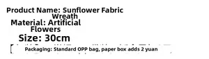 Specifications of the 30cm sunflower fabric wreath showing material and size details