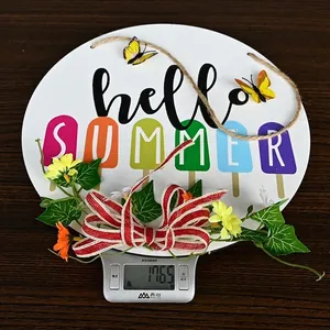 Hello Summer wooden door wreath with ice cream graphics and yellow floral bow accents