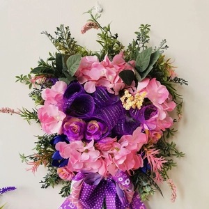 Artificial Floral Wreath Mother's Day Pink Hydrangea Purple Rose Wall Hanging Door Decor Ornament With Polka Dot Ribbon Bow