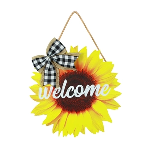 Sunflower welcome door sign with yellow petals and burlap bow for home garden decoration