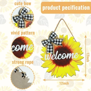 Rustic Sunflower Welcome Sign For Front Door Fabric Flower Wreath With Buffalo Plaid Bow Summer Sunflower Hanging Decor For Home Porch Wall Farmhouse Decoration
