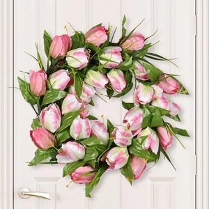 Pink and white faux tulip wreath with green leaves on brown vine for home door decor