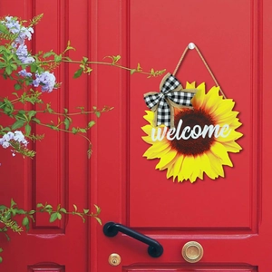 30cm wooden sunflower welcome sign with black white checkered bow on a red door