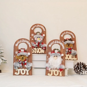 Christmas Wooden Door Hanging Sign Plaid Fabric Santa Snowman Reindeer Bear Wall Decor Festive Holiday Party Ornament