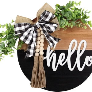 Rustic 30cm wooden hello door sign with eucalyptus leaves and burlap bow decor