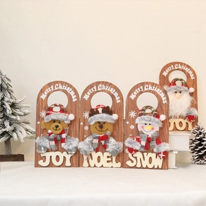 Set of 4 Christmas wooden signs with plush Santa, Snowman, Reindeer and Bear figures