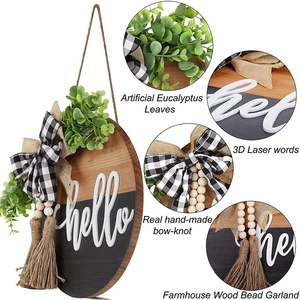 30cm Farmhouse hello wooden door sign with 3D letters, eucalyptus green leaves and burlap bow
