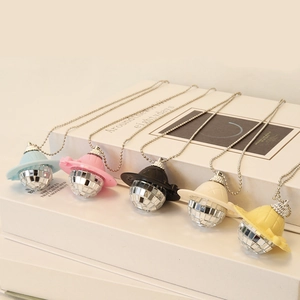 Colorful mini disco ball cowboy hat necklace pendants in five retro glossy colors