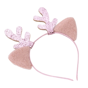 Sparkly pink sequin reindeer antlers and plush ears headband for holiday party costumes