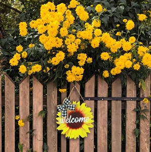 30cm wooden sunflower welcome sign with black white bow and rustic hanging rope for door