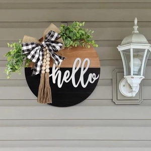 Rustic Wooden Hello Door Sign Welcome Hanger For Front Door Round Farmhouse Wood Plaque Decor With Eucalyptus Plaid Bow