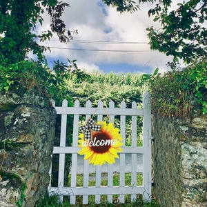 30cm Wooden sunflower welcome sign with black and white bow on white fence