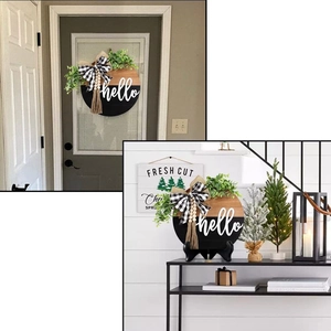 30cm round wooden Hello door sign with eucalyptus leaves and buffalo plaid bow