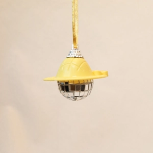 Mirror disco ball ornament with yellow sun hat and gold hanging cord for car decor
