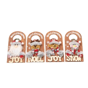 Wooden Christmas door hangers set featuring Santa, Reindeer, Bear, and Snowman plush decor