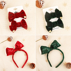 Large Christmas Bow Headband Shiny Velvet Hair Clip Festive Bowknot Hair Accessories Red Green Plush Trim Winter Headwear