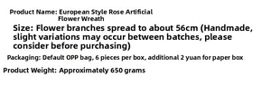 Detailed specifications of the European artificial rose wreath with 56cm diameter and 650g weight