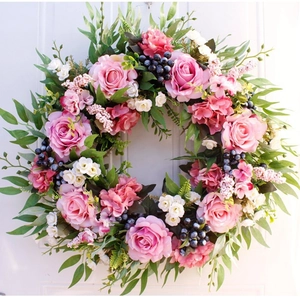 European style faux rose wreath with pink flowers and lush greenery for home door decor