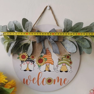 Wooden gnome welcome sign with sunflowers and bows, 30cm round decorative door hanging piece