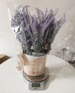 Detailed view of artificial lavender in vintage basket showing weight of about 312g