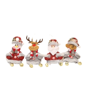Set of four Christmas plush dolls with bells featuring Santa, reindeer, snowman and bear