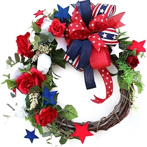 Couronne du Jour de l'Indépendance 4 Juillet Couronne Patriotique Avec Nœud Bannière Étoilée Rose Artificielle Décor Port