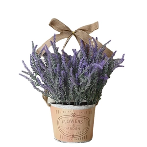 Artificial lavender in rustic planter with Flowers & Garden text and burlap bow decoration