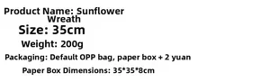 Specifications of 35cm sunflower wreath showing 200g weight and packaging options