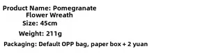 Specifications for 45cm pomegranate wreath showing 211g weight and packaging options