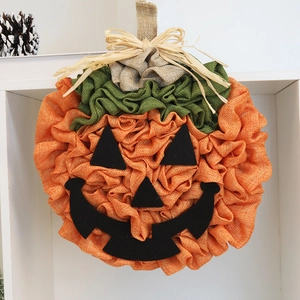 Halloween Pumpkin Burlap Wreath Jack-O-Lantern Face Orange Green Fabric Autumn Harvest Hanging Decoration Party Home Decor