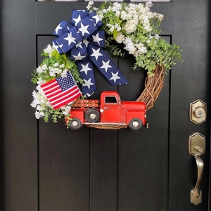 Independence Day Wreath With Red Truck American Flag Star Bow Patriotic Grapevine Door Wreath For July 4th Memorial Day Decoration