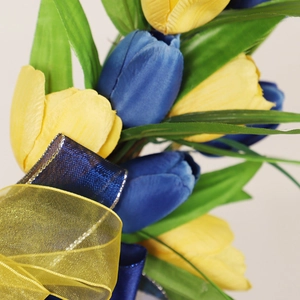 Ukraine theme wreath with yellow and blue tulips plus decorative silk ribbons