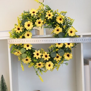 Sunflower artificial wreath with green leaves and yellow flowers, 42cm diameter measurement