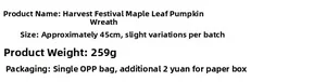Detail showing 45cm Harvest Festival maple leaf wreath dimensions and 259g product weight