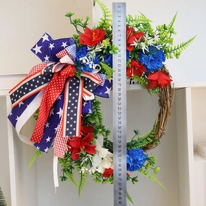 Macro shot showing 40cm Independence Day wreath size measurement with star striped bow
