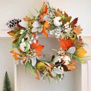 Harvest Festival Maple Leaf Pumpkin Wreath Handcrafted Artificial Autumn Fall Foliage Door Hanging For Thanksgiving Decor