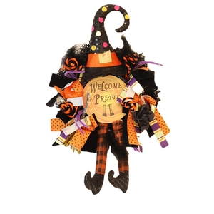 Decorazione porta strega Halloween con gambe a righe e cartello Welcome My Pretty