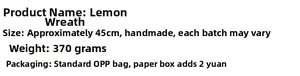 Detail view of 45cm lemon wreath specifications including size, weight, and OPP packaging