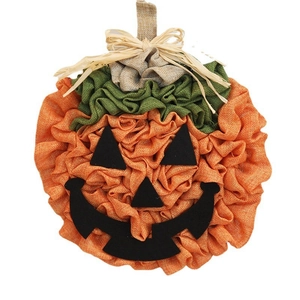 Handcrafted burlap Halloween pumpkin hanging decor with classic jack-o'-lantern face