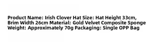 Detail specifications of Ireland shamrock hat with golden velvet texture and sizing info