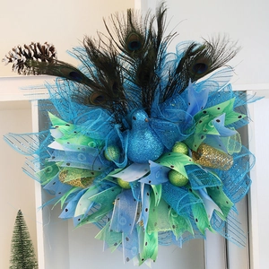 Luxueuse Couronne de Plumes de Paon Guirlande de Ruban en Maille Avec Oiseau à Paillettes pour Décoration Suspendue Murale