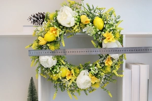 Artificial lemon and white peony wreath showing measured diameter of 45cm