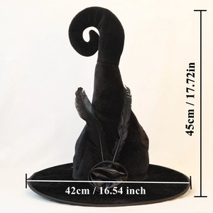 Halloween black velvet witch hat with feather and floral detail, size 45x42cm for party decor