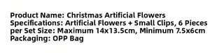 Detailed size specifications for a set of 6 artificial gold Christmas flowers with clips