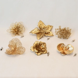 Luxury Gold Simulation Christmas Flowers With Clips For DIY Tree Decor Elegant Metallic Luster Floral Ornaments For Party Home