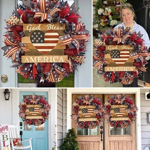 Unabhängigkeitstag Patriotischer Kranz Rot Weiß Blau Sterne Streifen Schleife Kranz God Bless America Holzschild 4. Juli Deko