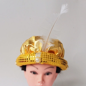 Golden Aladdin Sultan turban hat with sparkling sequins, white pearl and feather detail