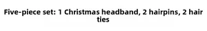 Detailed listing of the 5-piece Christmas accessory set including headband, clips, and ropes