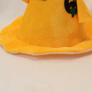 Festive yellow plush Halloween wizard hat with pumpkin theme and felt leaf decorations