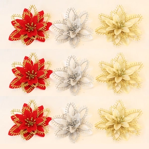 Glitter Artificial Poinsettia Christmas Tree Flowers Hanging Ornament For Xmas Wedding Party Decor Plastic Fabric Flower